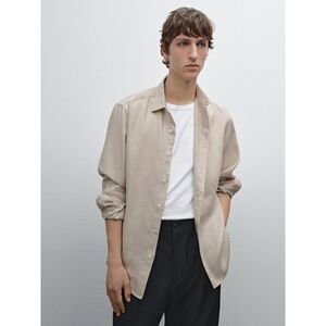 Massimo Dutti Mens Button Up Shirt Beige Large L Slim Fit Linen 8411/840 NWT